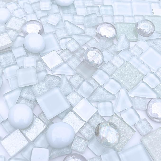 LITMIND 1.1 LB White Irregular Glass Mosaic Tiles with Backing, Assorted Mosaic Shapes for Creative Crafts – Ideal for Adult Mosaic Kits, Puzzles, and Artwork Projects
