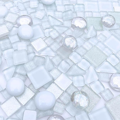 LITMIND 1.1 LB White Irregular Glass Mosaic Tiles with Backing, Assorted Mosaic Shapes for Creative Crafts – Ideal for Adult Mosaic Kits, Puzzles, and Artwork Projects