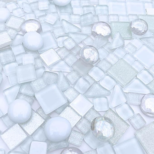 LITMIND 1.1 LB White Irregular Glass Mosaic Tiles with Backing, Assorted Mosaic Shapes for Creative Crafts – Ideal for Adult Mosaic Kits, Puzzles, and Artwork Projects