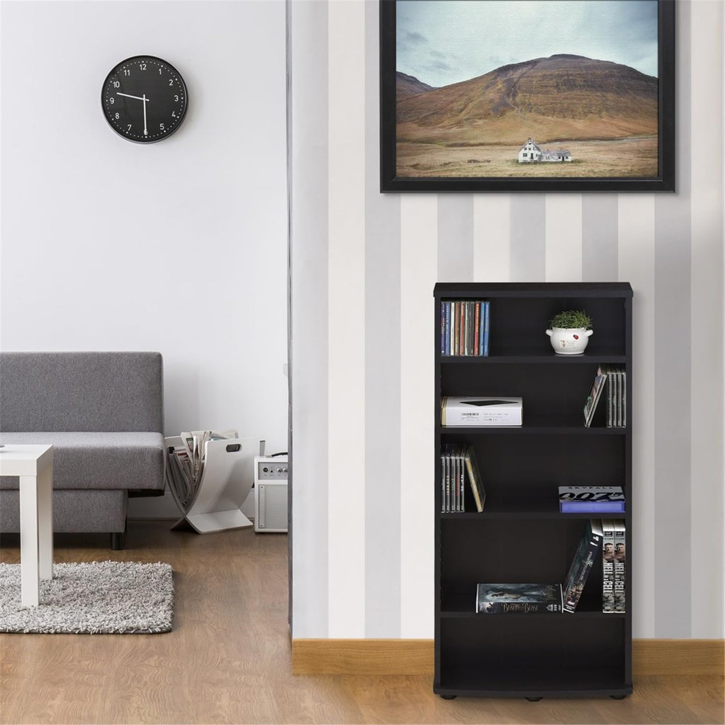 Adjustable Shelves Multimedia Storage Tower Rack with Spacious Media Organization, Durable Design, Versatile Rack for DVDs, CDs, Games, and More Espresso/4 Tier