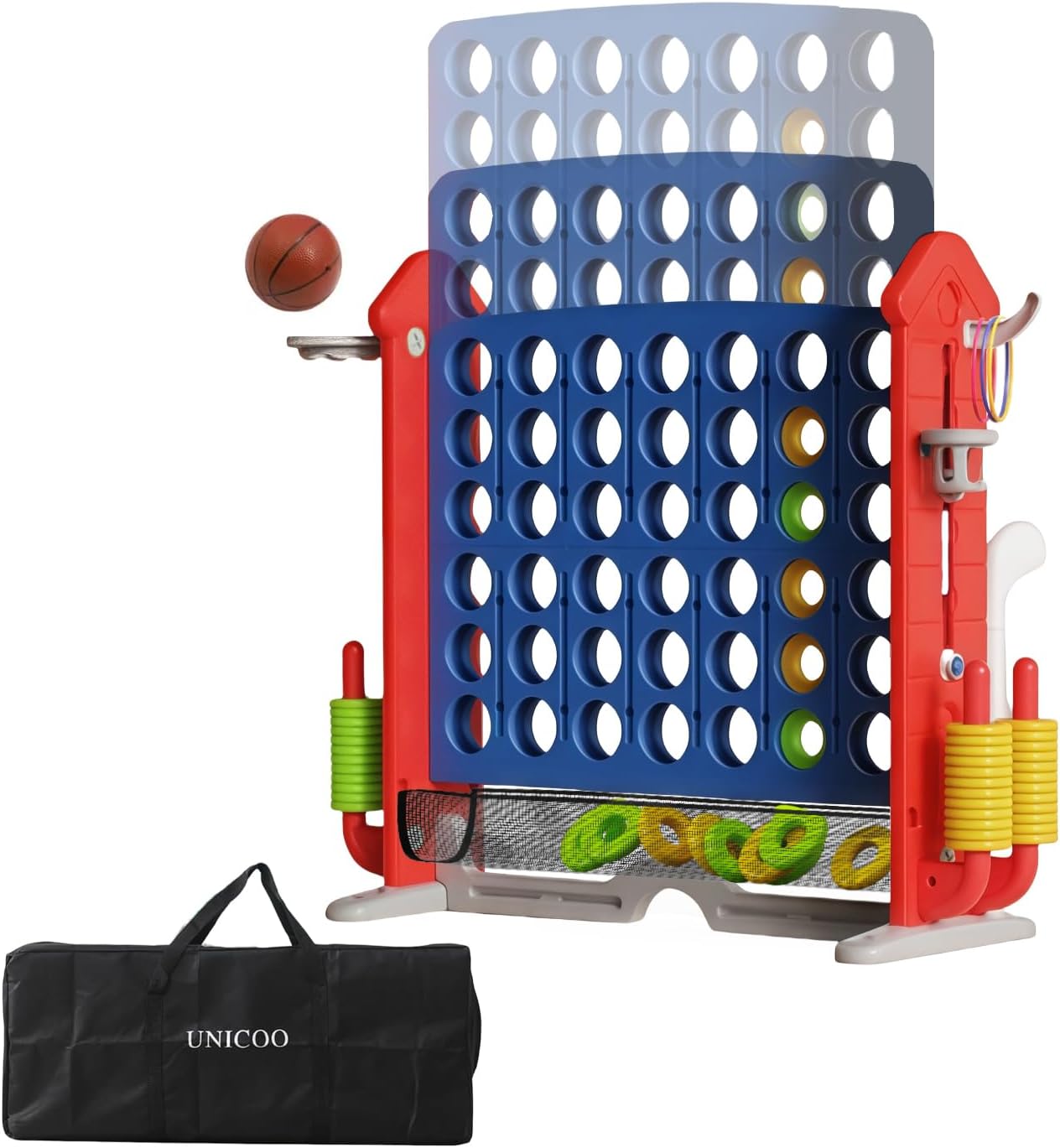 UNICOO Giant 4 in A Row Game with Carry Bag, Basketball Hoop, Ring Toss Game, 4-to-Score Game | Large Outdoor Yard Game, Parties & Gatherings Games