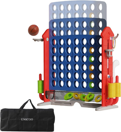 UNICOO Giant 4 in A Row Game with Carry Bag, Basketball Hoop, Ring Toss Game, 4-to-Score Game | Large Outdoor Yard Game, Parties & Gatherings Games