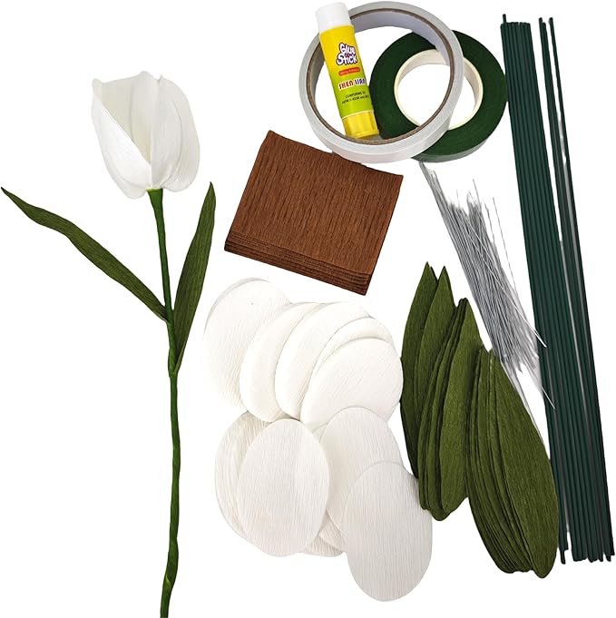 White Tulip Bouquet DIY Crepe Paper Flower for Home Decor, Wedding Centerpieces & Rustic Events Making Kit 12 pcs