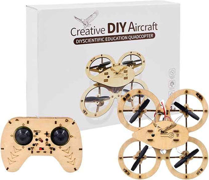 DIY Wooden RC Drone Kit for Beginners, Educational Flying Quadcopter Model, Remote Control Assembly, Creative Building Blocks Aircraft (1pcs)