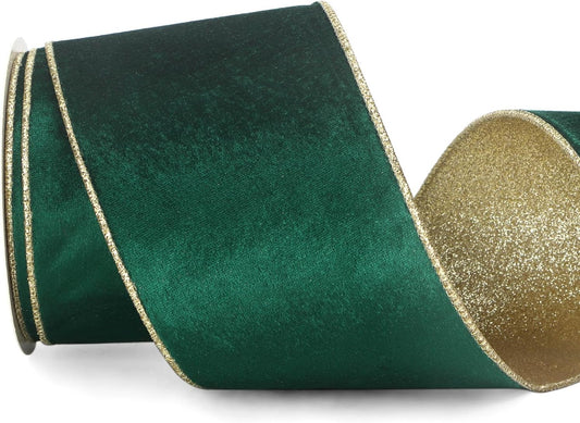 Ribbli Forest Green Velvet Wired Ribbon 4 Inch Green Velvet with Gold Glitter Christmas Ribbon for Christmas Tree Decoration Big Bow Gift Wrapping Crafts Wreaths Supplies- 10 Yards - Crafty Corner