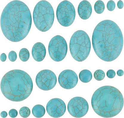 PH PandaHall 84pcs Synthetic Turquoise Stone Cabochons, 7 Sizes Blue Texture Gemstone Tiles Oval Flat Round Dome Bead Stone Cabochon Tile for Bracelet Necklace Earrings Cameo Jewelry Making, 6~40mm