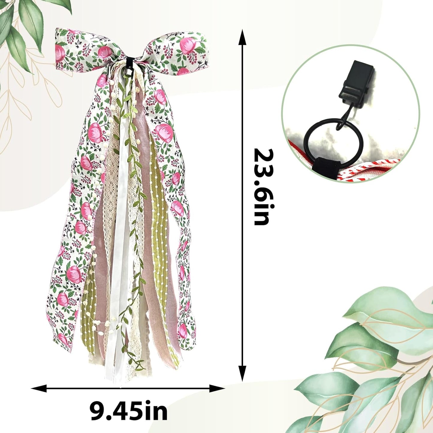 Large Flower Ribbon Bow for Wreath, Pink Floral Fabric Ribbons Set Assorted Leaves Lace Ribbon Green Dot Clip-On Wreath Sash Ribbons Bundle for Home Indoor Outdoor Decor - Crafty Corner