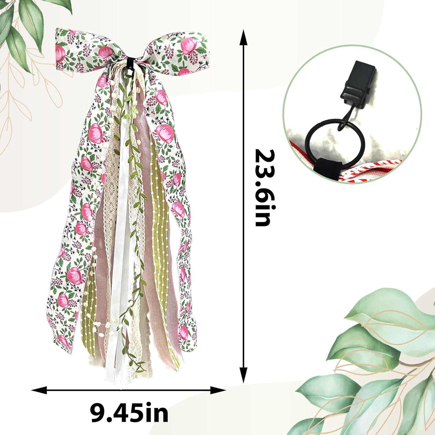 Large Flower Ribbon Bow for Wreath, Pink Floral Fabric Ribbons Set Assorted Leaves Lace Ribbon Green Dot Clip-On Wreath Sash Ribbons Bundle for Home Indoor Outdoor Decor - Crafty Corner