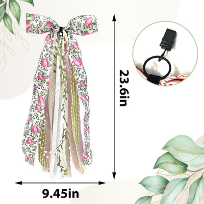Large Flower Ribbon Bow for Wreath, Pink Floral Fabric Ribbons Set Assorted Leaves Lace Ribbon Green Dot Clip-On Wreath Sash Ribbons Bundle for Home Indoor Outdoor Decor - Crafty Corner