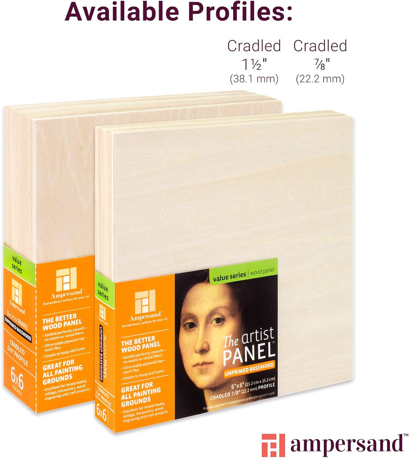 Ampersand Art Supply Unprimed Basswood Artist Panel, 7/8" Cradled Profile 4"x4"