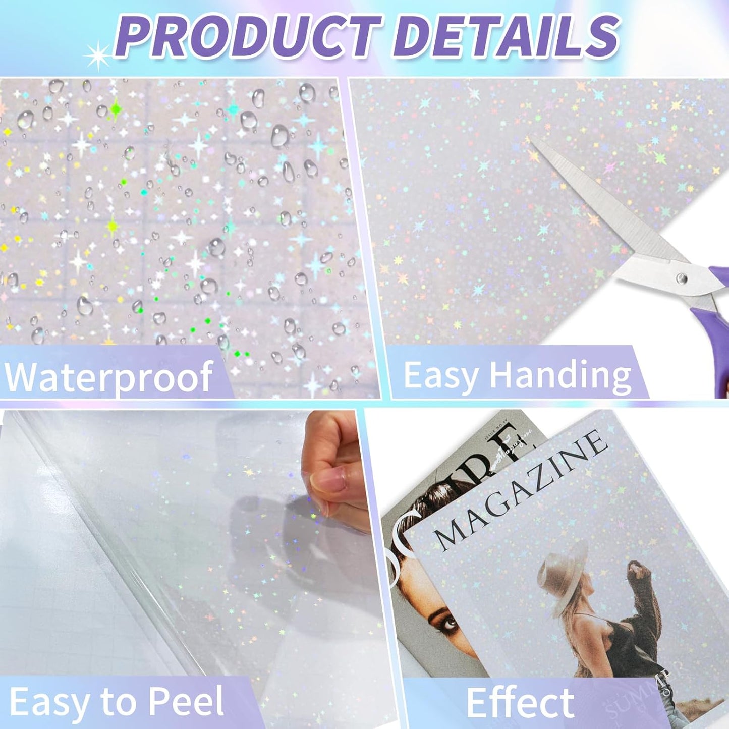 36 Sheets Holographic Sticker Paper,Holographic Laminate Sheets,A4 Size Clear Vinyl Sticker Sheets Self-Adhesive Rainbow Overlay Sheets,11.7 x 8.3 Inches（Star）