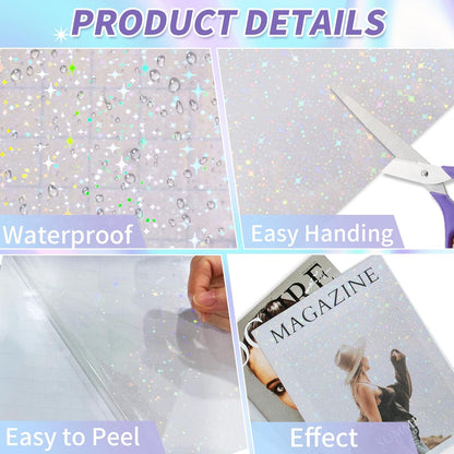 36 Sheets Holographic Sticker Paper,Holographic Laminate Sheets,A4 Size Clear Vinyl Sticker Sheets Self-Adhesive Rainbow Overlay Sheets,11.7 x 8.3 Inches（Star）