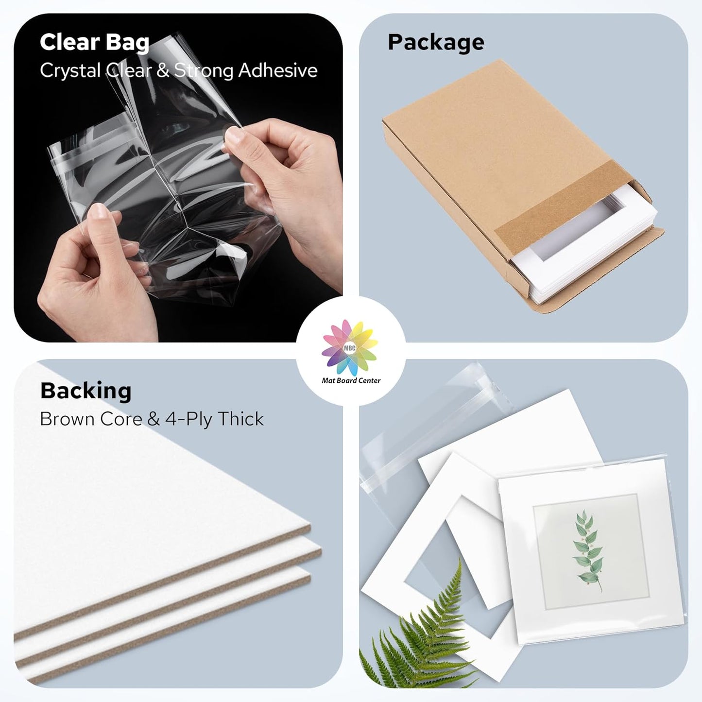 Mat Board Center, Pack of 10, 12x12 for 8x8 White Mat Kit - Acid Free, 4-ply Thickness, White Core - Includes Backing Boards and Clear Bags - for Pictures, Photos, Framing