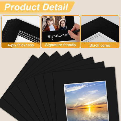 Phinus 8 Pack Picture Mats for Frames, Acid Free 11x14 Matted to 8x10, Picture Frame Mats for Pictures, Watercolor, Artwork and Prints (Black)