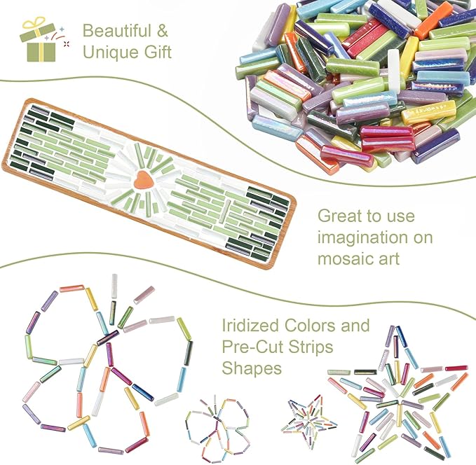 Youway Style Iridescent Mosaic Tiles for Crafts,200g Assorted Colors Glass Mosaic Pieces Bulk, Linear Shapes for DIY Art Crafts Supplies and Mosaic Projects