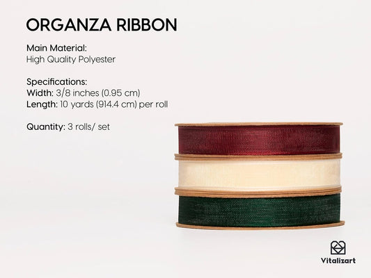 Vitalizart 3/8" x 30Yd Organza Ribbon Christmas Sheer Ribbons Set 10 Yd x 3 Rolls Red Green White Handmade Eco-Friendly for Christmas Gift Wrapping Tree Decor Bows Wreaths - Crafty Corner