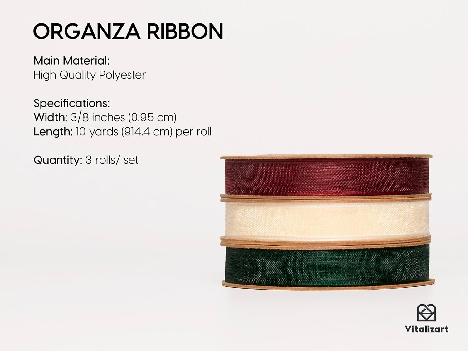 Vitalizart 3/8" x 30Yd Organza Ribbon Christmas Sheer Ribbons Set 10 Yd x 3 Rolls Red Green White Handmade Eco-Friendly for Christmas Gift Wrapping Tree Decor Bows Wreaths - Crafty Corner
