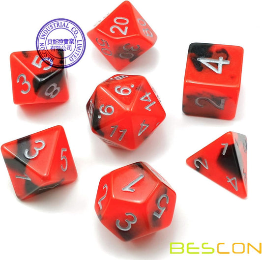 Bescon Two-Tone Glow-in-The-Dark Polyhedral Dice Set HOT Rocks, Luminous RPG Dice Set d4 d6 d8 d10 d12 d20 d% Brick Box Pack