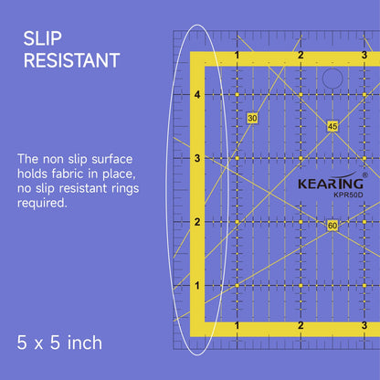 KERING Patchwork Quilting Ruler - 5x5 inch Non-Slip Acrylic Square Ruler for Foundation Paper Piecing, Bias Strips & Rotary Cutting, Durable Quilter's Tool with Anti-Slip Backing
