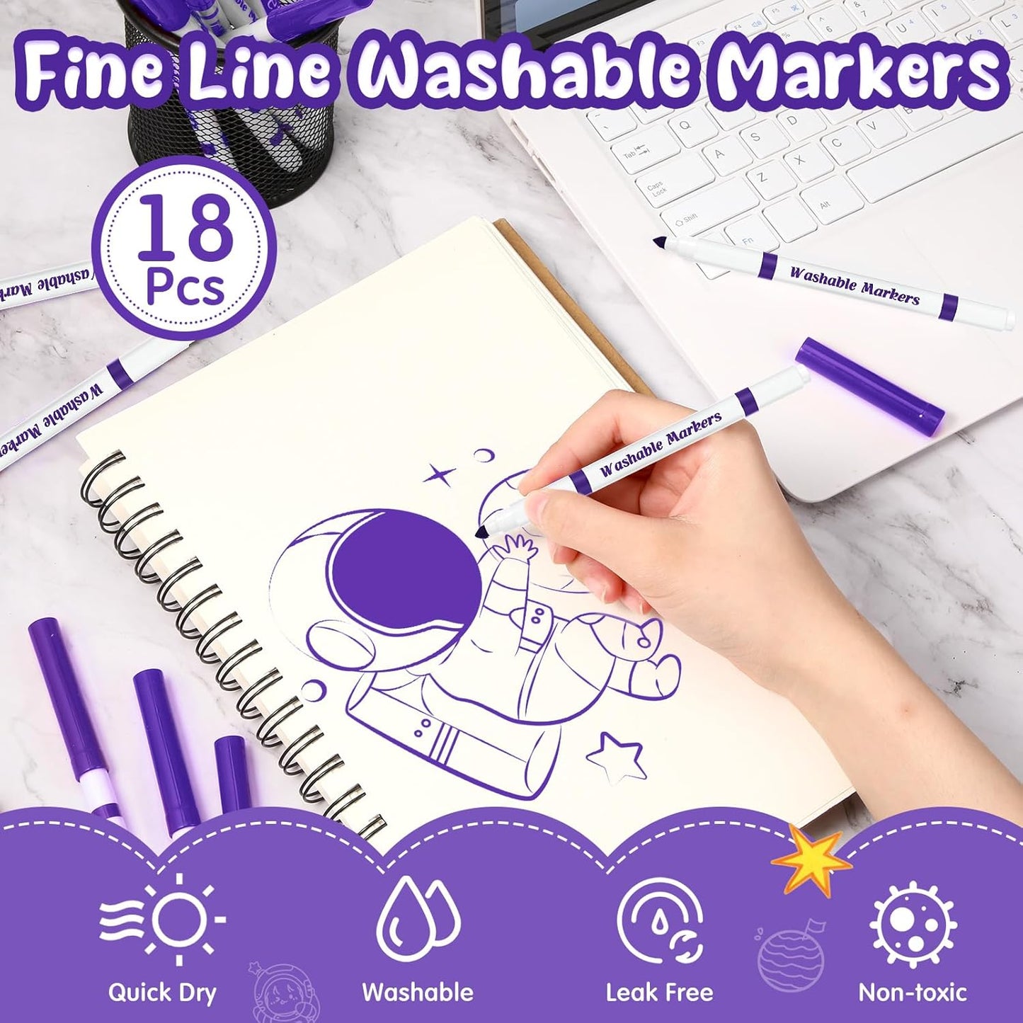 18 Pcs Line Washable Markers Bulk Purple Fine Tip Markers Set Coloring Thin Tip Drawing Washable Pen for Kids Toddler Teacher Art School Classroom Back to School Gender Reveal Party Supplies,Ages 6+
