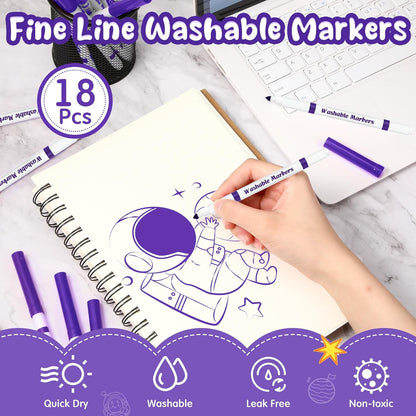 18 Pcs Line Washable Markers Bulk Purple Fine Tip Markers Set Coloring Thin Tip Drawing Washable Pen for Kids Toddler Teacher Art School Classroom Back to School Gender Reveal Party Supplies,Ages 6+