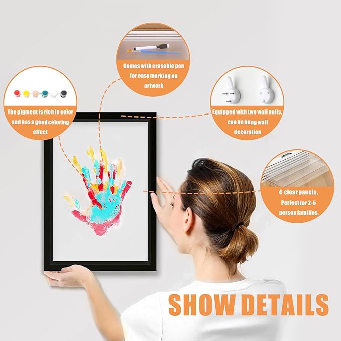 XQC Family Handprint Kit - DIY Craft Keepsake Frame with Clear Boards, Unique Gift for New Families & Pets (Black)