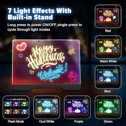 16-Inch Rechargeable Doodle Glow LED Note Board, 7-Color Light Modes, Neon Art Dry Erase Light Up Drawing Pad with Built-in Stand, Sketching Gift Toy for Kids/Girls/Teens, 5 Markers & Tracing Book