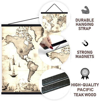 DACRI HOME 74" Magnetic Poster Hanger Frame - Sturdy Teak Wood Poster Frame, Strong Magnets for Safe Hanging Map Picture Print Scroll Wall Art 74x26 74x36 74x48 (74 Inch, Black)