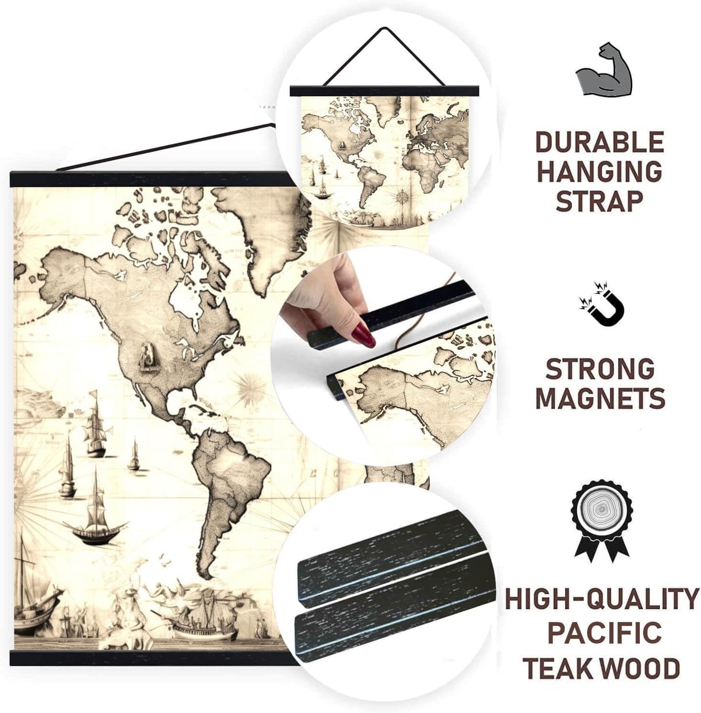 DACRI HOME 48" Sturdy Magnetic Poster Hanger Frame - Teak Wood Poster Frame 48x36 48x24 48x32, Strong Magnets for Easy Hanging Map Picture Canvas Print Scroll Wall Art (48 Inch, Black)