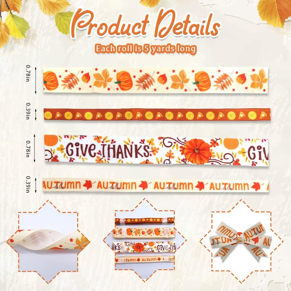 4 PCS Thanksgiving Fall Ribbons Pumpkin Leaves Printed Grosgrain Ribbons White Orange Ribbon Hello Autumn Craft Ribbons for Gift Wrapping Fall Thanksgiving Decor (20 Yards, 0.78''&0.39'') - Crafty Corner