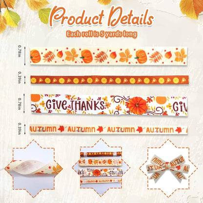 4 PCS Thanksgiving Fall Ribbons Pumpkin Leaves Printed Grosgrain Ribbons White Orange Ribbon Hello Autumn Craft Ribbons for Gift Wrapping Fall Thanksgiving Decor (20 Yards, 0.78''&0.39'') - Crafty Corner