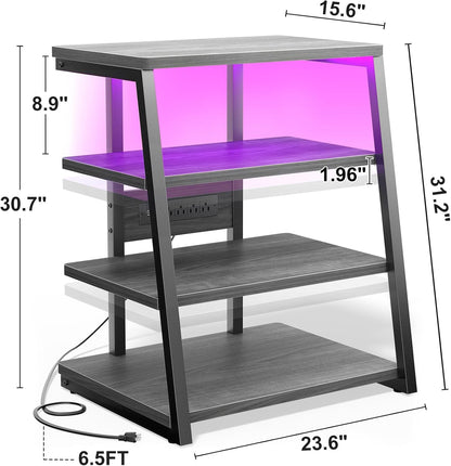 AV Media Stand with Outlets, Media Console with LED Lights, Stereo Racks and Stands with Storage Shelves, Media Audio Tower Stand, Light Grey Walnut