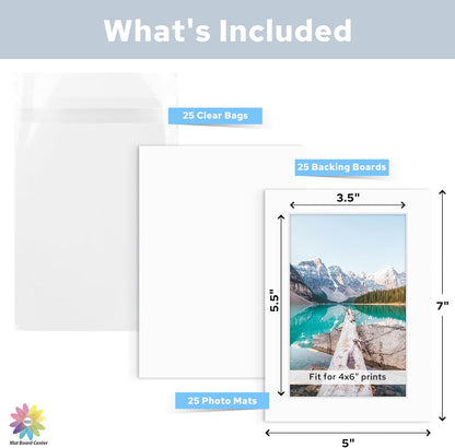 Mat Board Center, Pack of 25, 5x7 for 4x6 White Mat Kit - Acid Free, 4-ply Thickness, White Core - Includes Backing Boards and Clear Bags - for Pictures, Photos, Framing