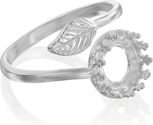 925 Sterling Silver Ring Blanks - Adjustable Bypass Leaf 6 to 9 Ring Base with 8mm Round Bezel Cup - DIY for Jewelry Making - Settings without Stones