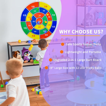 2 in 1 29" Large LED Dart Board for Kids 8-12 Games with 12 LED Sticky Balls, Indoor & Outdoor Games for Kids 8-12, APP Control Board Games for Kids