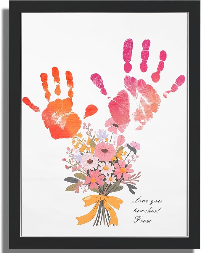 Bixinyo Flower Bouquet Handprint Kit, Mother's Day Gifts for Grandma, Mom, Grandparents from Daughter/Kids, Unique Gifts for Birthday Christmas, DIY Art Craft 12" X 16" Frame (Bow, Black)