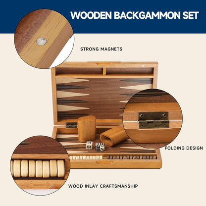 GSE Games & Sports Expert Premium Magnetic Wooden Folding Inlay Backgammon Board Game Set, Portable Travel Board Game (Focus- 11 Inches)