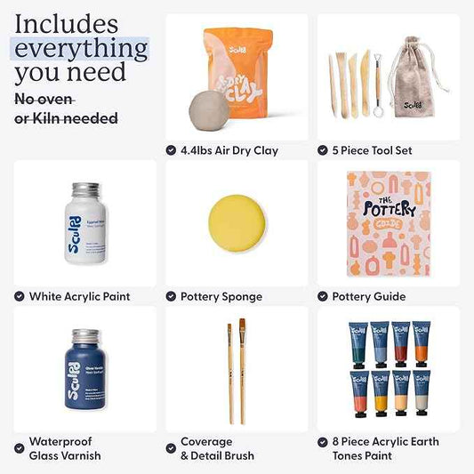 Sculpd - The Original Pottery Kit for Adults - Includes Air Dry Clay for Adults, Sculpting Tools, Varnish, Paint Brushes, Guides, Couples Date Night Arts & Crafts Set, Gloss Varnish with Earth Tones