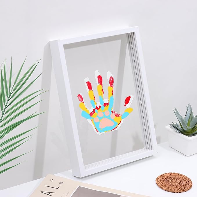 DIY Hand Footprint Art Craft Kit for New Parents Wooden Frame Family Handprint Kit with 6 Baby Safe Colors Paints Family Hands Down Keepsake Gifts for Mother's Day Father's Day Home Handprint Decor