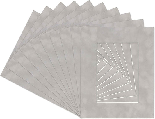Pack of Ten Acid Free 11x14 Mats Bevel Cut for 8.5x11 Photos - Light Grey Suede Precut Matboards With Backing Boards and Self Seal Photo Mat Bags For Pictures, Photos, Framing - 4-ply Thickness