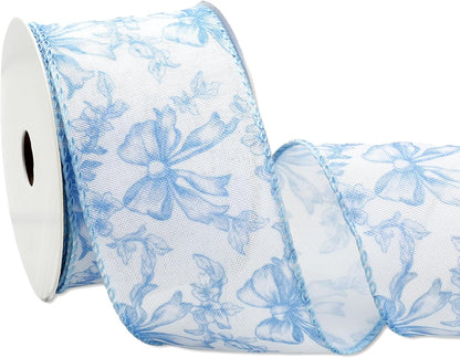 Blue Floral Bow Wired Edge Ribbon Chinoiserie Flower Bowknot Fabric Ribbon for DIY Crafts Wreath Bow Making Supplies, 12 Yard - Crafty Corner