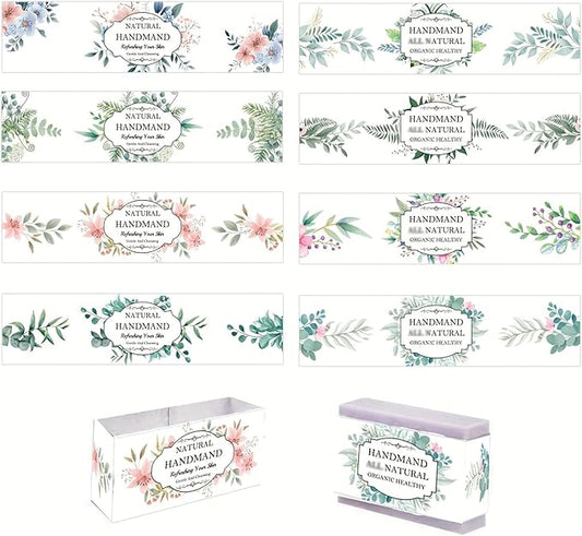 80Pcs Eucalyptus Leaves Soap Wrapper 8 Style Flower Wrap Tape for Homemade Soap - Kraft Paper Vertical Tag Soaps Sleeves Covers for Christmas Homemade Soaps Packaging Supplies (White Eucalyptus)