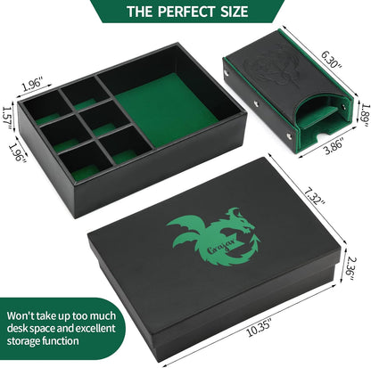 3 in 1 Dice Tray with Lid, Portable Dice Box Storage, D&D RPG MTG Table Games (Green)