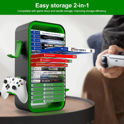 wigmoa OYO-1【15.8INCH】 game Storage Tower Compatible with PS5/ Xbox Series S & X/Switch, Universal Video Games Discs Organizers 18 PCS with 4 Controllers Holder, Game Disk Box Stand. (Black/Green)