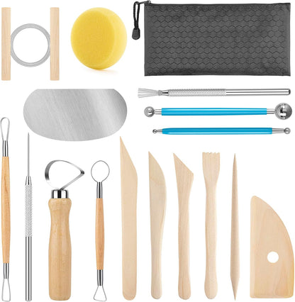 Pottery Tool Kit, 17pcs Polymer Clay Tools, Modeling Clay Sculpting Tools Kit, Ceramics Tools, Trimming, Embossing Pattern, Smooth Wooden Handles