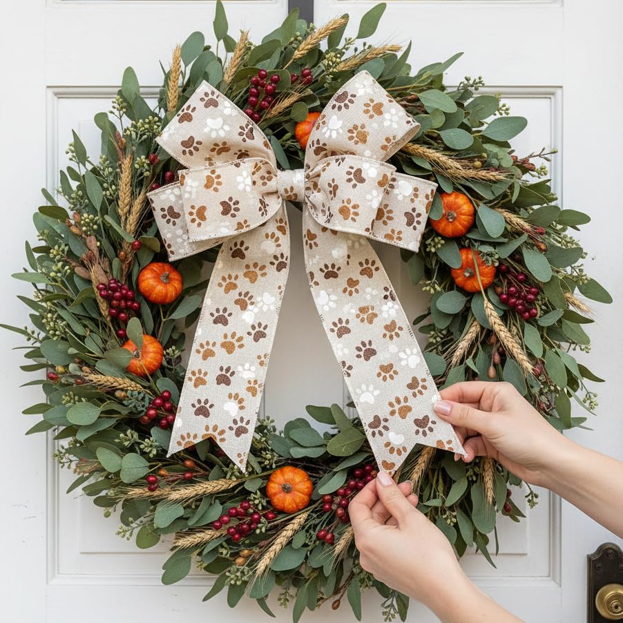 Ivory Canvas Dog Paw Wired Ribbon 2.5 Inch x 10 Yards for Christmas Home Decor Tree Topper Bow Gift Wrapping DIY Crafts Wreath Garland (30 Foot)