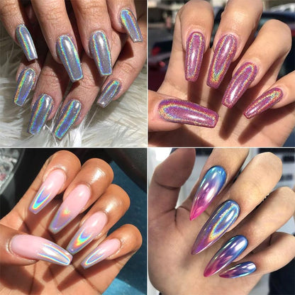 10 Colors Holographic Nail Powder, Holo Aurora Iridescent Metallic Mirror Laser Effect Chrome Pigment Glitter Dust for Salon Home Nail Art DIY Decorations