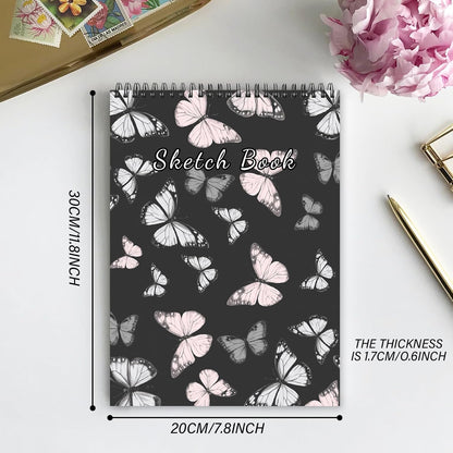 Deokke Sketchbook Top Spiral Bound Sketch Pad, 9 x 12 inch,100GSM Thick Paper,50 Sheets 100 Pages,Art Sketch Book Aesthetic Cute Drawing Writing Paper for Girls Women-Pink Gray Butterfly