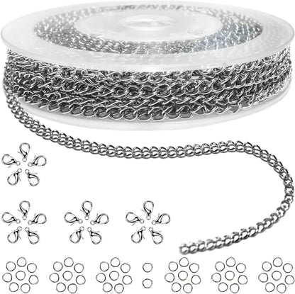 Jishi 33ft Necklace Extender Chain 3mm Silver Stainless Steel Curb Link Chain for Jewelry Making, Bracelet Necklace Extender DIY, Keychain Craft Supplies, Metal Chain Roll w/Lobster Clasps, Jump Rings