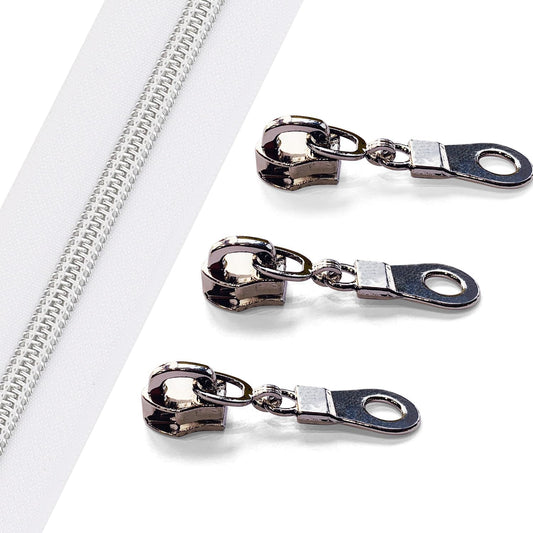 The Yards 10 Yards Bulk White Nylon Coil Zipper with Silver Teeth - Replacement Sewing Zipper with 10PCS Sliders for DIY Craft Bags